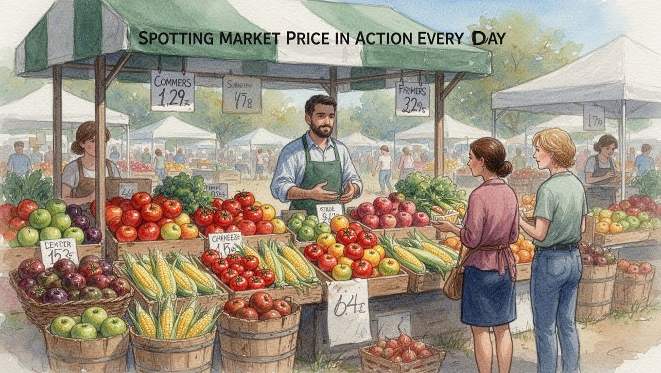 Watercolor painting of a US farmers market outdoor stall piled with colorful fresh produce like tomatoes, apples, and corn, featuring one relaxed vendor and two browsing customers in sunny morning light.