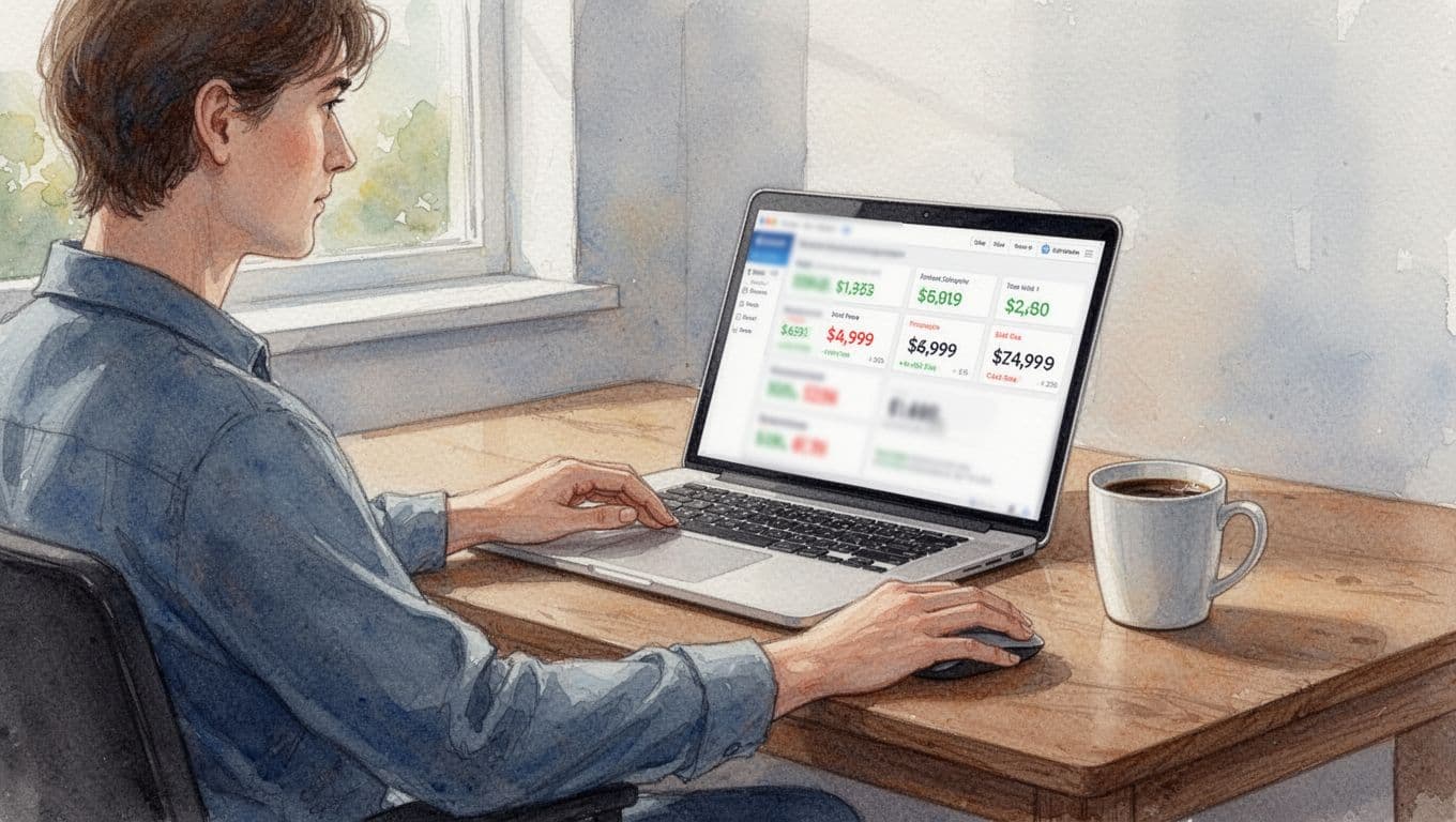 Person sitting relaxed at wooden desk in home office with laptop open to blurred price comparison page, coffee mug nearby, hand on mouse, side view in watercolor style with soft blending and daylight.