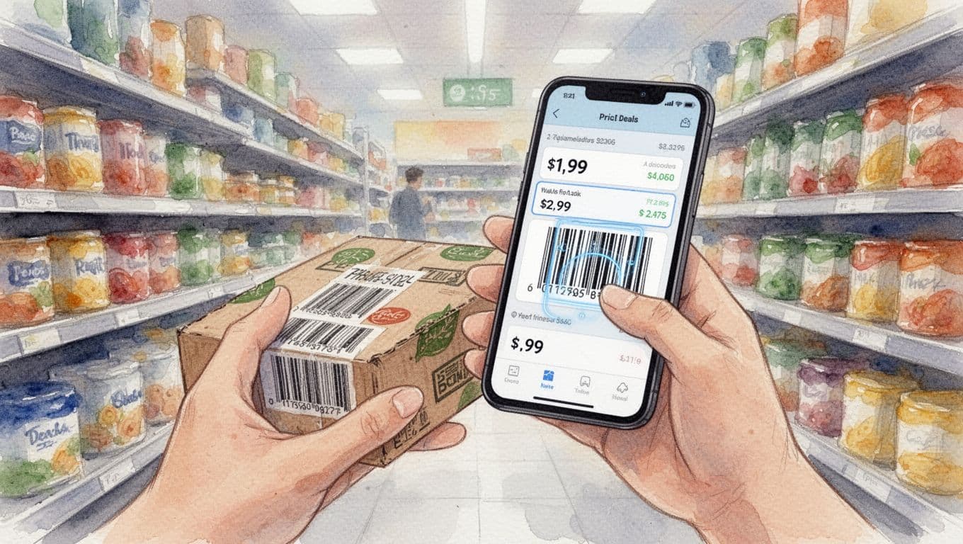 Close-up of a hand holding a smartphone scanning a barcode on a product box in a supermarket aisle with blurred shelves background. Focus on the screen showing price comparison, in dynamic watercolor style with soft blending and brush texture under bright store lighting.