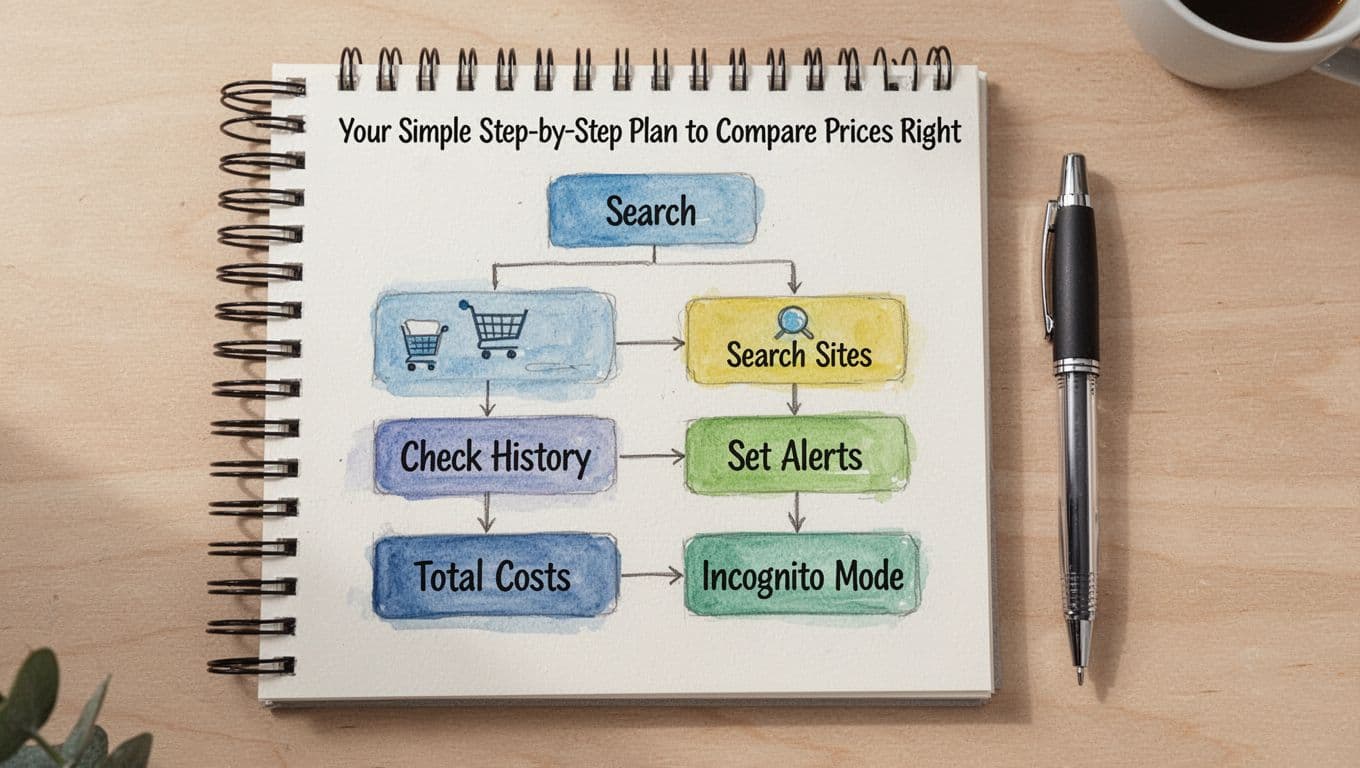 Top-down watercolor illustration of a notepad with a simple flowchart outlining shopping steps for price comparison: list features, search sites, check history, set alerts, total costs, incognito mode; pen beside it on table, soft natural light.
